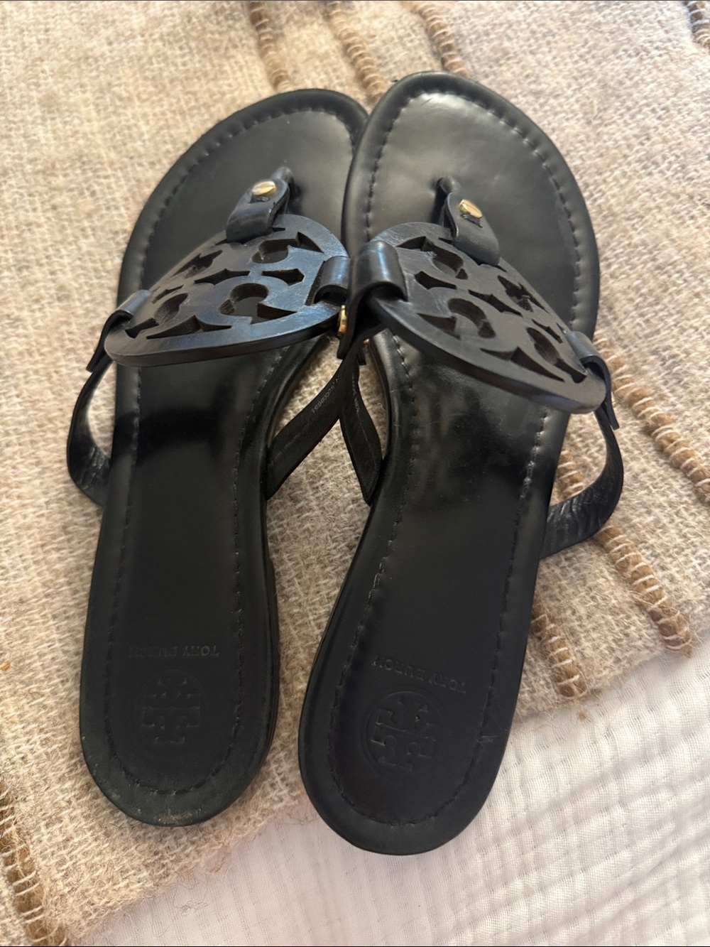 Tory Burch Black Miller Logo Leather Thong Sandals